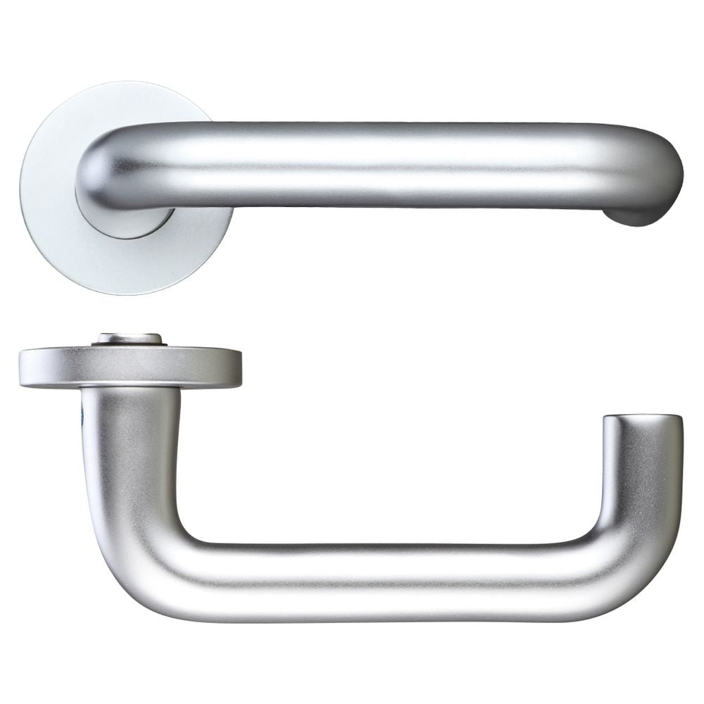 High quality image of the Zoo Hardware - 19mm Return to Door Lever on Round Screw on Rose - 53mm dia - Satin Aluminium | Sku. zaa030sa | available to order from Trade Door Handles.