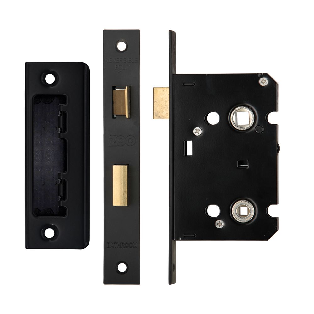High quality image of the Zoo Hardware - Mortice Bathroom Lock, 64mm - 57mm Centres, Square, Powder Coated Black Finish | Sku. zbc64pcb | available to order from Trade Door Handles.