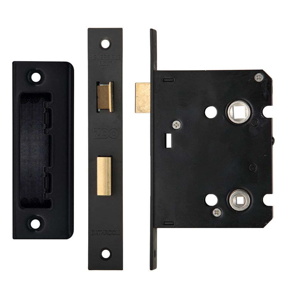 High quality image of the Zoo Hardware - Mortice Bathroom Lock, 76mm - 57mm Centres, Square, Powder Coated Black Finish | Sku. zbc76pcb | available to order from Trade Door Handles.