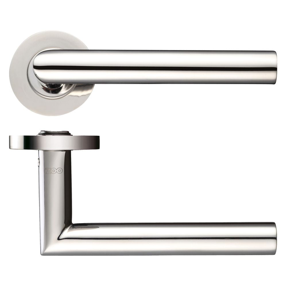 High quality image of the Zoo Hardware - 19mm Mitred Lever on Round Rose - Grade 304 - Polished Stainless Steel | Sku. zcs010ps | available to order from Trade Door Handles.