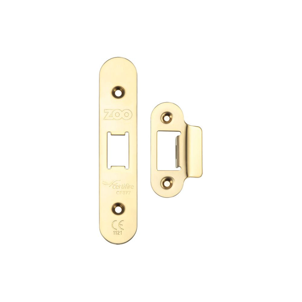 High quality image of the Zoo Hardware - Spare Acc Pk for UK Flat Latch - contains Radius Forend, Strike and Fixing Screws - PVD Brass | Sku. zlap13rpvd | available to order from Trade Door Handles.