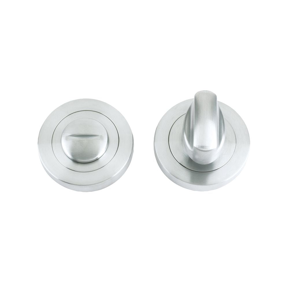High quality image of the STANZA - Turn and Release complete with Escutcheons and 5mm spindle 50mm dia - Satin Chrome | Sku. zpz004sc | available to order from Trade Door Handles.