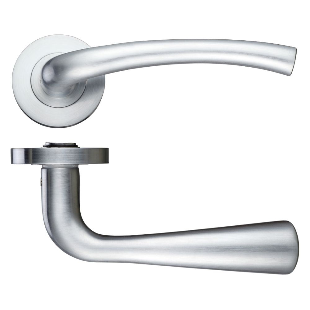 High quality image of the STANZA - Assisi Lever - Screw On Rose 130mm x 65mm - Satin Chrome | Sku. ZPZ010SC | available to order from Trade Door Handles.