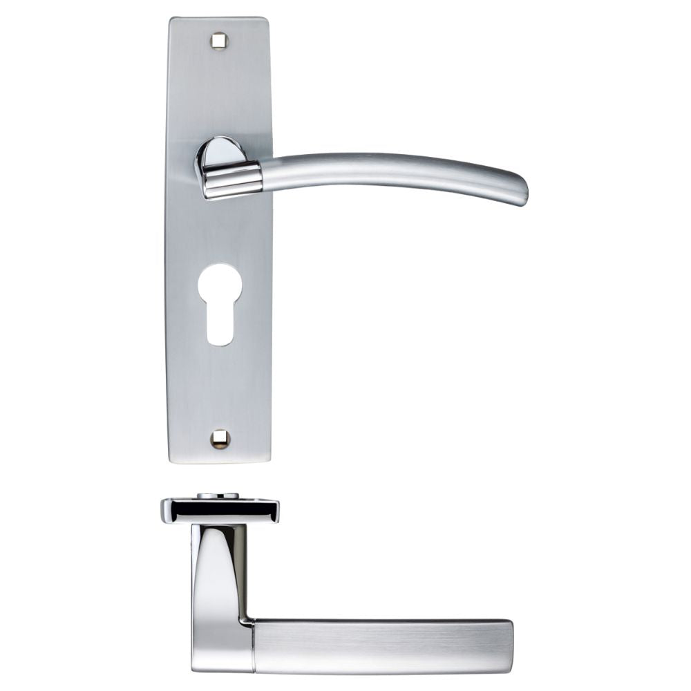 High quality image of the STANZA - Amalfi Lever Euro Lock (47.5mm c/c) On Backplate - Satin Chrome/Polished Chrome | Sku. zpz081epsccp | available to order from Trade Door Handles.