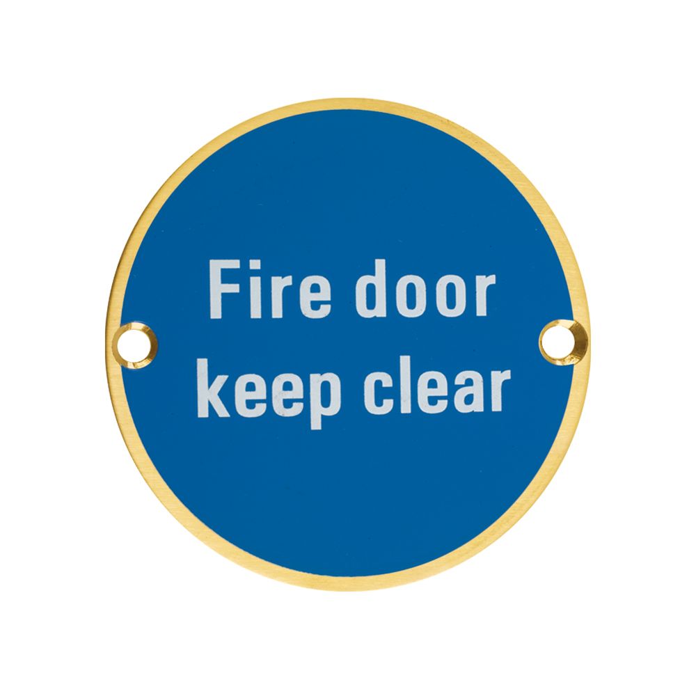 High quality image of the Zoo Hardware - Signage - Fire Door Keep Clear - 76mm dia PVD Satin Brass | Sku. zss11-pvdsb | available to order from Trade Door Handles.