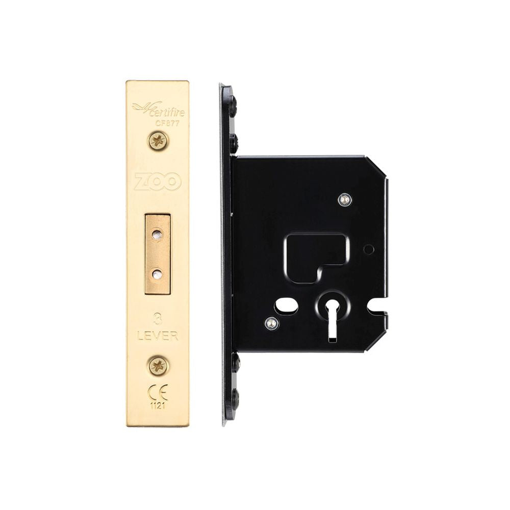 High quality image of the Zoo Hardware - 3 Lever Dead Lock - 64mm C/W Forend and Strike - PVD Brass | Sku. zukd364pvd | available to order from Trade Door Handles.