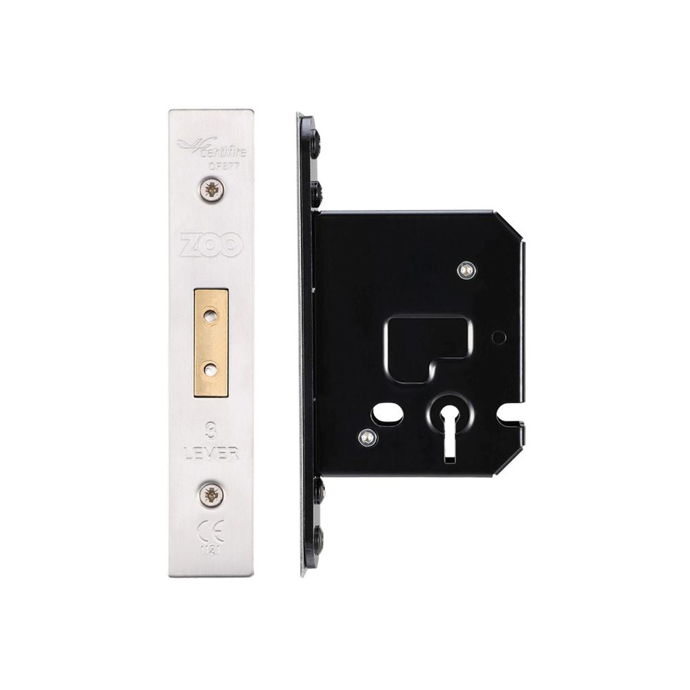 High quality image of the Zoo Hardware - 3 Lever Dead Lock - 64mm C/W Forend and Strike - Stain Stainless Steel | Sku. zukd364ss | available to order from Trade Door Handles.