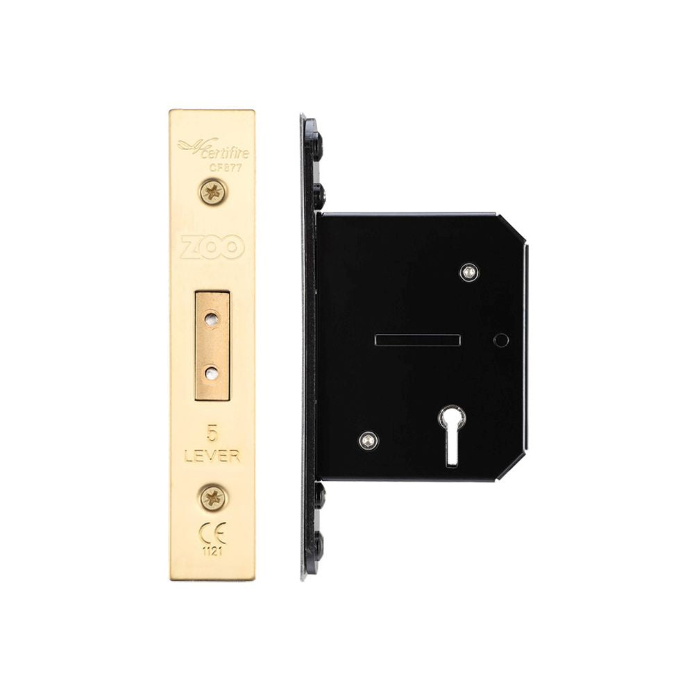 High quality image of the Zoo Hardware - 5 Lever Dead Lock - 64mm C/W Forend and Strike - PVD Brass | Sku. zukd564pvd | available to order from Trade Door Handles.
