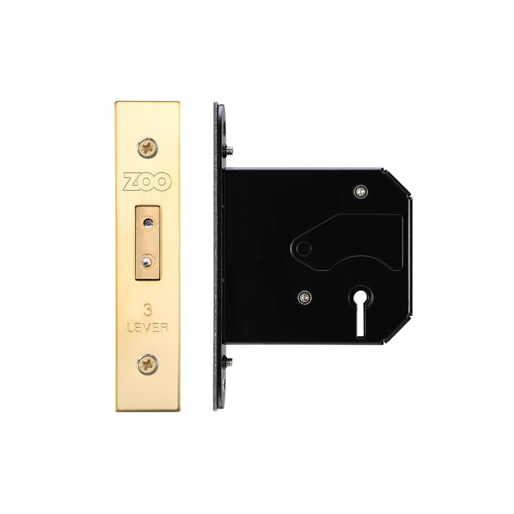 High quality image of the Zoo Hardware - 3 Lever Replacement Dead Lock - 76mm c/w Forend and Strike - PVD Brass | Sku. zurd376pvd | available to order from Trade Door Handles.