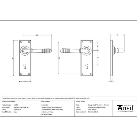 This is an image showing From The Anvil - Aged Brass Reeded Lever Lock Set available from trade door handles, quick delivery and discounted prices