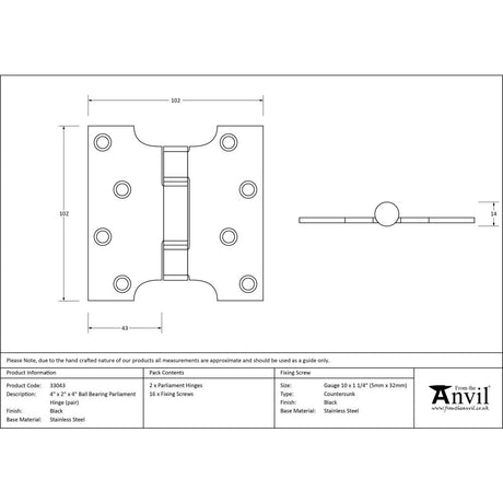 This is an image showing From The Anvil - Black 4" x 2" x 4"  Parliament Hinge (pair) ss available from trade door handles, quick delivery and discounted prices