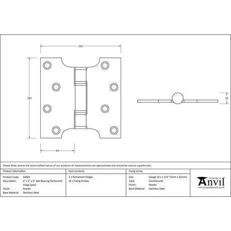 This is an image showing From The Anvil - Pewter 4" x 2" x 4" Parliament Hinge (pair) ss available from trade door handles, quick delivery and discounted prices