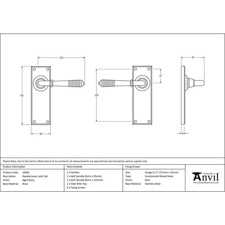 This is an image showing From The Anvil - Aged Brass Reeded Lever Latch Set available from trade door handles, quick delivery and discounted prices