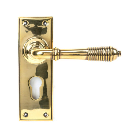 This is an image showing From The Anvil - Aged Brass Reeded Lever Euro Lock Set available from trade door handles, quick delivery and discounted prices