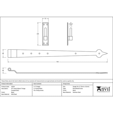 This is an image showing From The Anvil - Black 35" Hook & Band Hinge - Cranked (pair) available from trade door handles, quick delivery and discounted prices