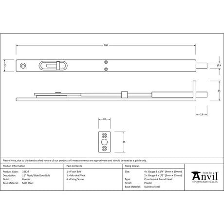 This is an image showing From The Anvil - Pewter 12'' Flush/Slide Door Bolt available from trade door handles, quick delivery and discounted prices
