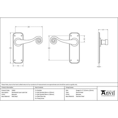 This is an image showing From The Anvil - Beeswax Monkeytail Lever Latch Set available from trade door handles, quick delivery and discounted prices