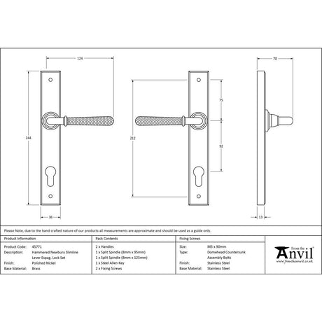 This is an image showing From The Anvil - Polished Nickel Hammered Newbury Slimline Espag. Lock Set available from trade door handles, quick delivery and discounted prices