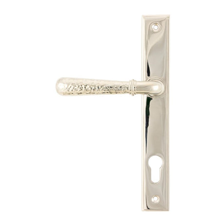 This is an image showing From The Anvil - Polished Nickel Hammered Newbury Slimline Espag. Lock Set available from trade door handles, quick delivery and discounted prices