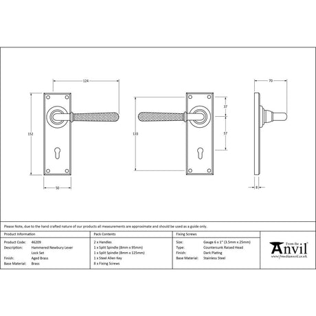 This is an image showing From The Anvil - Aged Brass Hammered Newbury Lever Lock Set available from trade door handles, quick delivery and discounted prices
