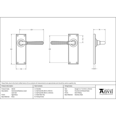This is an image showing From The Anvil - Aged Brass Hammered Newbury Lever Latch Set available from trade door handles, quick delivery and discounted prices