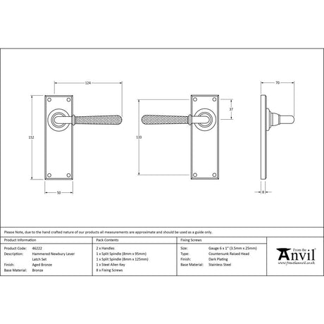 This is an image showing From The Anvil - Aged Bronze Hammered Newbury Lever Latch Set available from trade door handles, quick delivery and discounted prices