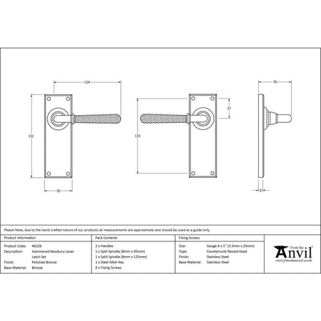 This is an image showing From The Anvil - Polished Bronze Hammered Newbury Lever Latch Set available from trade door handles, quick delivery and discounted prices