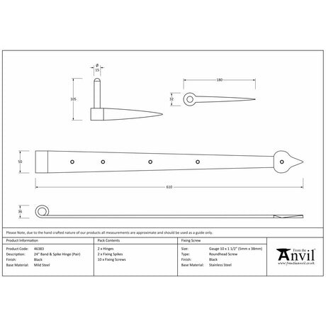 This is an image showing From The Anvil - Black 24" Band & Spike Hinge (Pair) available from trade door handles, quick delivery and discounted prices