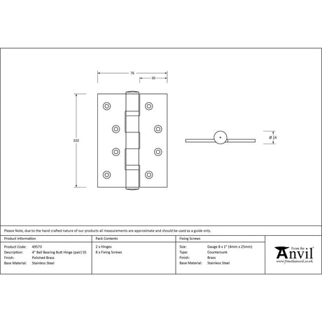 This is an image showing From The Anvil - Polished Brass 4" Ball Bearing Butt Hinge (pair) ss available from trade door handles, quick delivery and discounted prices