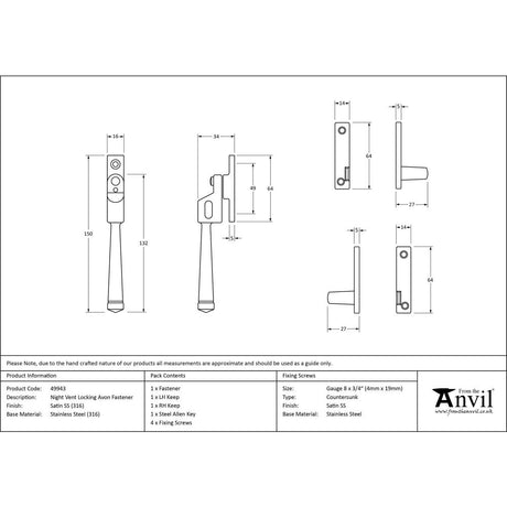 This is an image showing From The Anvil - Satin Marine SS (316) Night-Vent Locking Avon Fastener available from trade door handles, quick delivery and discounted prices