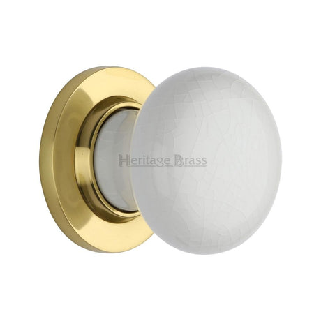 This is an image of a Heritage Brass - White Crackle Knob with Polished Brass base, 7010-pb that is available to order from Trade Door Handles in Kendal.