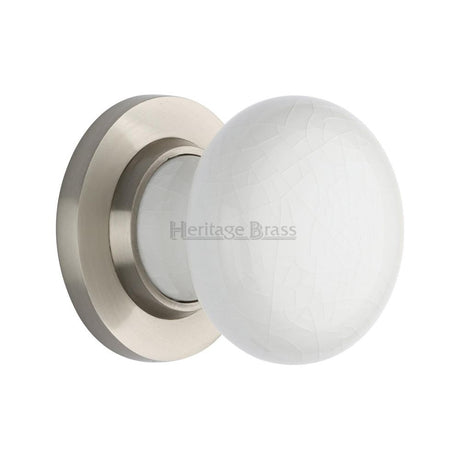 This is an image of a Heritage Brass - White Crackle Knob with Satin Nickel base, 7010-sn that is available to order from Trade Door Handles in Kendal.