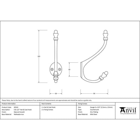 This is an image showing From The Anvil - Natural Smooth 6 1/2" Hat & Coat Hook available from trade door handles, quick delivery and discounted prices