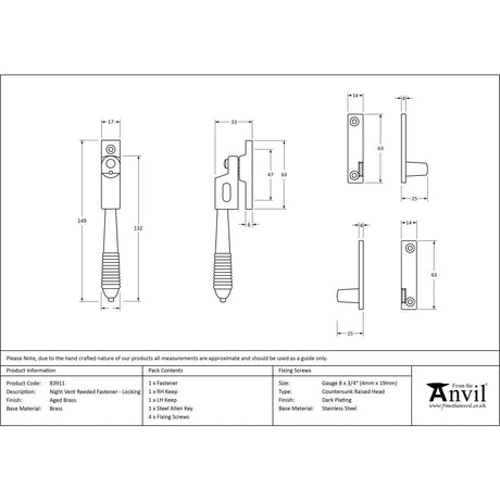 This is an image showing From The Anvil - Aged Brass Night-Vent Locking Reeded Fastener available from trade door handles, quick delivery and discounted prices