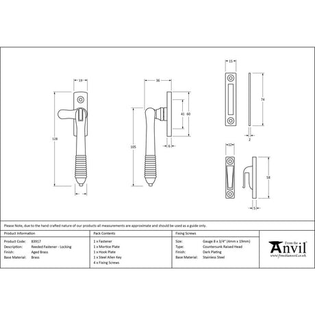 This is an image showing From The Anvil - Aged Brass Locking Reeded Fastener available from trade door handles, quick delivery and discounted prices