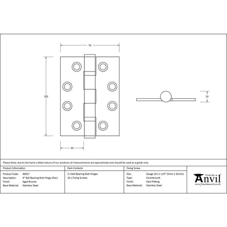 This is an image showing From The Anvil - Aged Bronze 4" Ball Bearing Butt Hinge (pair) ss available from trade door handles, quick delivery and discounted prices