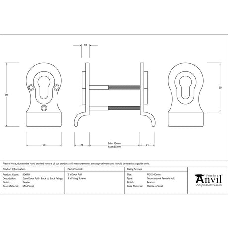 This is an image showing From The Anvil - Pewter 50mm Euro Door Pull (Back to Back fixings) available from trade door handles, quick delivery and discounted prices