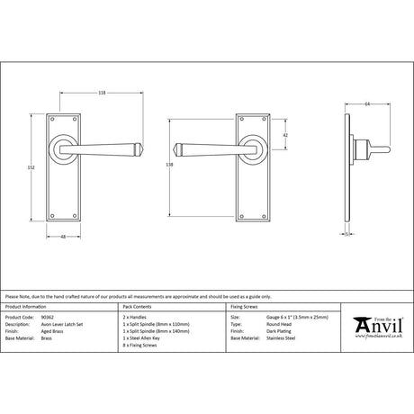 This is an image showing From The Anvil - Aged Brass Avon Lever Latch Set available from trade door handles, quick delivery and discounted prices