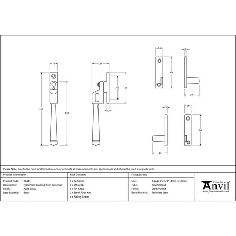 This is an image showing From The Anvil - Aged Brass Night-Vent Locking Avon Fastener available from trade door handles, quick delivery and discounted prices