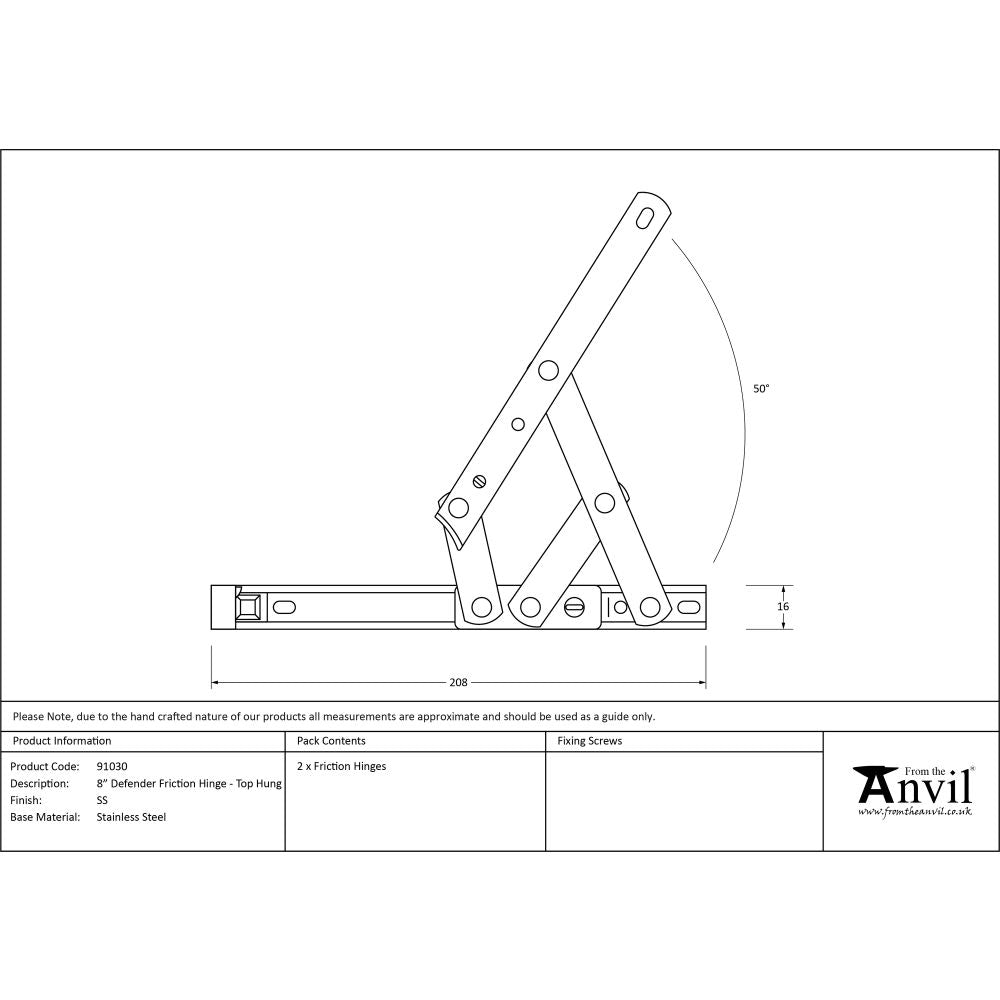 This is an image showing From The Anvil - SS 8" Defender Friction Hinge - Top hung available from trade door handles, quick delivery and discounted prices