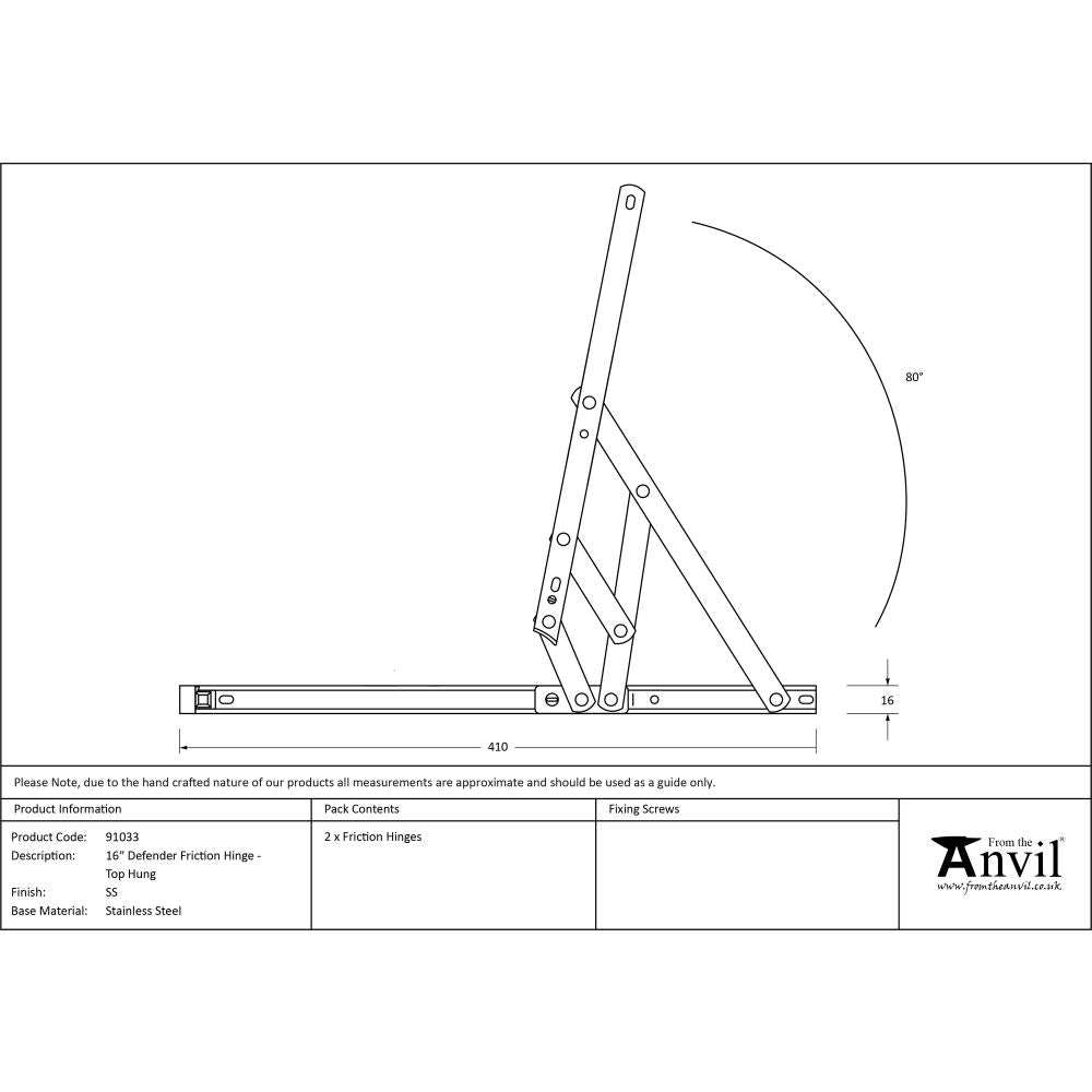This is an image showing From The Anvil - SS 16" Defender Friction Hinge - Top Hung available from trade door handles, quick delivery and discounted prices