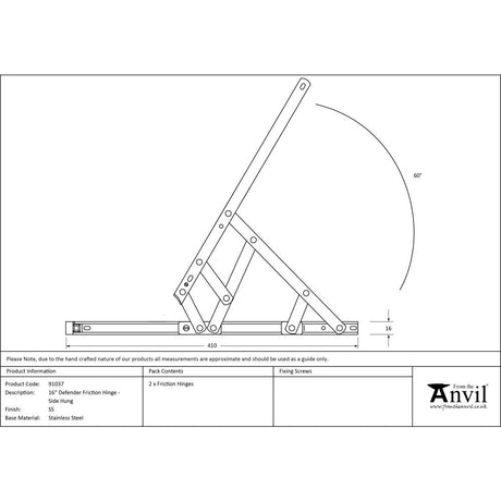 This is an image showing From The Anvil - SS 16" Defender Friction Hinge - Side Hung available from trade door handles, quick delivery and discounted prices