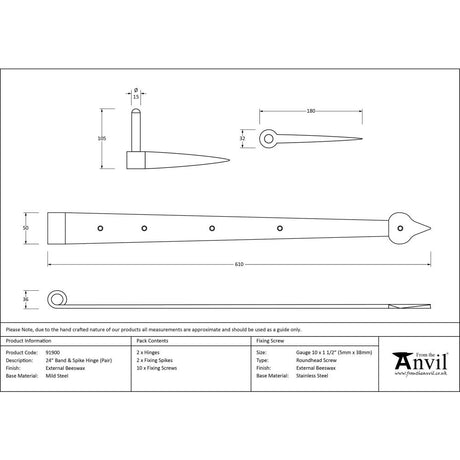 This is an image showing From The Anvil - External Beeswax 24" Band & Spike Hinge (Pair) available from trade door handles, quick delivery and discounted prices