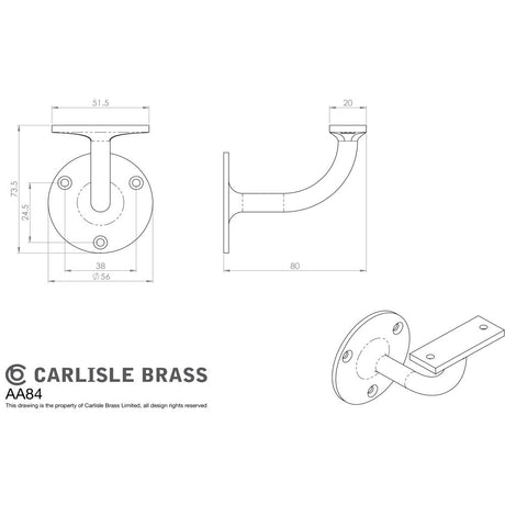 This image is a line drwaing of a Carlisle Brass - Heavyweight Handrail Bracket - Satin Chrome available to order from Trade Door Handles in Kendal