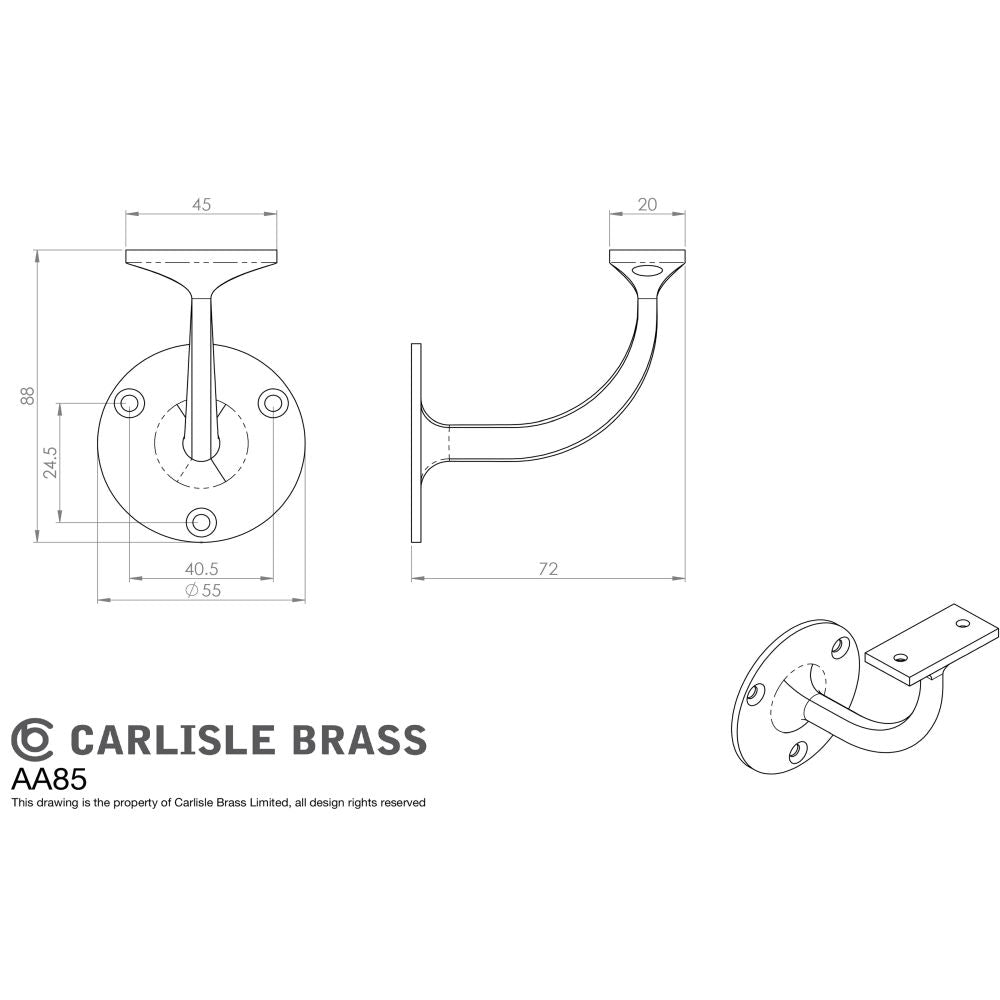 This image is a line drwaing of a Carlisle Brass - Lightweight Handrail Bracket - Polished Brass available to order from Trade Door Handles in Kendal