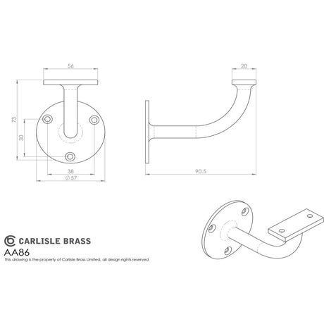 This image is a line drwaing of a Carlisle Brass - Heavyweight Handrail Bracket - Polished Brass available to order from Trade Door Handles in Kendal