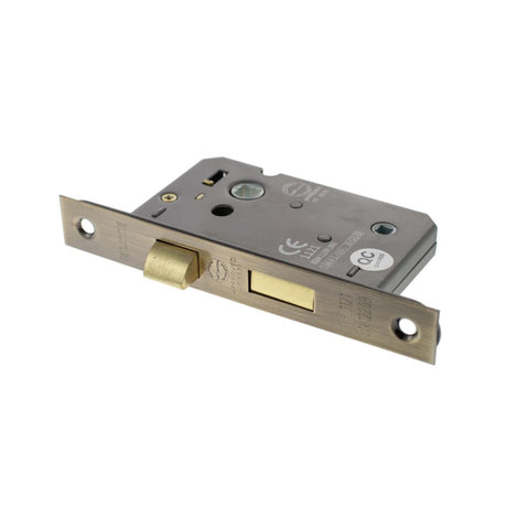 This is an image of Atlantic Bathroom Lock [CE] 2.5" - Antique Brass available to order from Trade Door Handles.