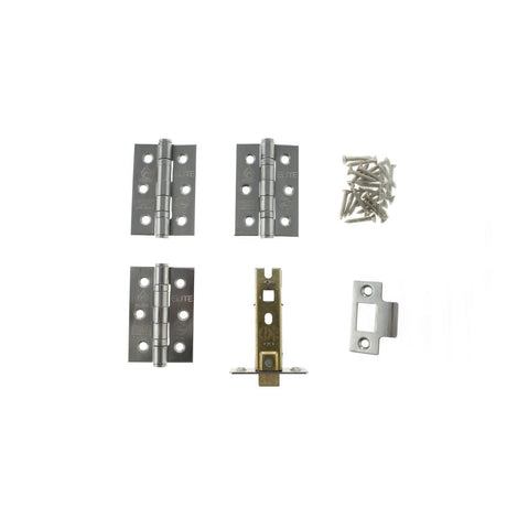 This is an image of Atlantic Latch Pack [CE] 3" (Latch x1) + 3"x2" (Hinge x3) - Satin Chrome available to order from Trade Door Handles.