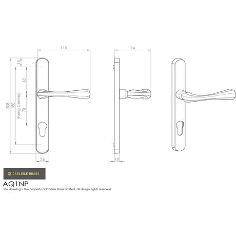 This image is a line drwaing of a Manital - Astro Lever on Euro Lock Narrowplate 70mm c/c - Satin Chrome available to order from Trade Door Handles in Kendal