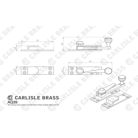 This image is a line drwaing of a Carlisle Brass - Architectural Quality Quadrant Sash Fastener - Satin Nickel available to order from Trade Door Handles in Kendal